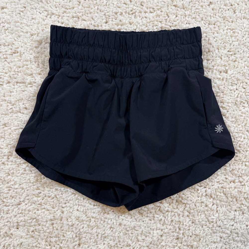 Athleta Girl Black Smocked Waist Running Shorts 6 Athletic Gym Sports Workout